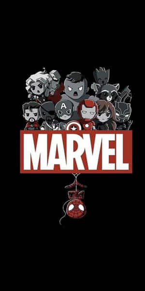 Chibi Marvel角色聚集在紅色Marvel標誌周圍，懸掛著蜘蛛俠面具。 — 復仇者聯盟 壁紙