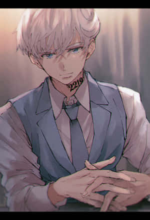 淺色頭髮和頸部紋身的動漫男孩，身穿西裝，雙手緊握，表情嚴肅。 — iPad Air 11 壁紙