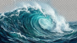 一道巨大的捲曲海浪，帶有綠松色海水和白色泡沫。