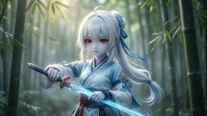動漫女孩，銀髮紅眼，在竹林中手持發光的藍色劍。