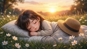 一個年輕女孩在夕陽下的雛菊田裡蓋著毯子睡覺