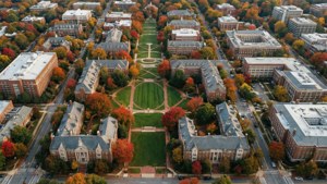 秋季大學校園的鳥瞰圖，色彩繽紛的樹木和對稱的建築。