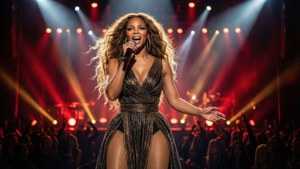 Beyoncé 在舞台上穿著金色連衣裙，在明亮的燈光下唱歌，人群歡呼。