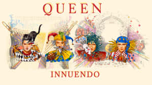 Queen 的《Innuendo》專輯封面，樂隊成員穿著精緻服裝。 — 女王 GIF 壁紙