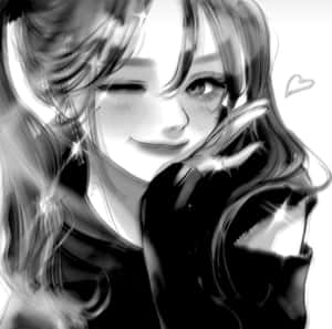 動漫女孩眨眼，手邊有閃光和漂浮的心形。