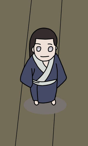 一個簡單的卡通人物穿著藍色和服，站在兩條線之間。