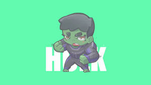 紫色西裝嘅Chibi Hulk喺鮮綠色背景上握緊拳頭，上面有粗體白色字樣。 — 霍克·霍肯 壁紙