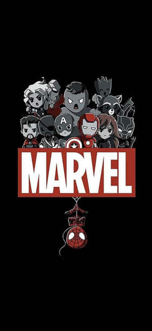 Q版Marvel角色聚集在Marvel標誌周圍，蜘蛛俠懸掛在下方。 — 超級英雄 壁紙