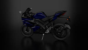 時尚的藍黑Yamaha R15運動電單車在反光表面上，處於攝影棚燈光下。