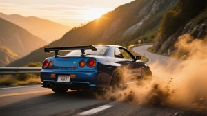 藍色日產Skyline R34在蜿蜒山路日落時飄移揚起灰塵
