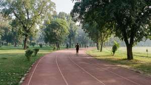 在綠色公園的紅色跑道上奔跑的人，有樹木和陽光
