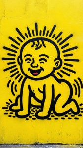 一個開朗的卡通嬰兒，帶有陽光般的光環，用黑色畫在黃色牆上。