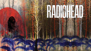 抽象森林，有紅色月亮和藍色鏡面波浪，下方是 Radiohead 文字。