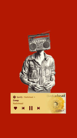 頭部為手提音箱的人物正在Spotify上收聽Radiohead的Creep。