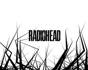 Radiohead標誌以粗體黑色文字呈現，周圍環繞著抽象黑色線條，背景為白色。