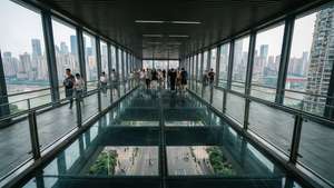 人們在玻璃地板天空橋上行走，下方可見城市建築和河流。