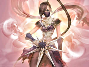 戴面具的動漫女戰士在粉紅色和金色能量漩渦中手持星形武器。