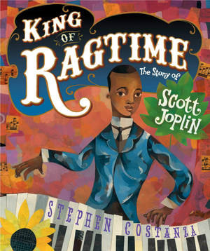 《King of Ragtime》封面，顯示一個男孩站在鋼琴鍵上，周圍有音符和向日葵。 — 藝術 壁紙