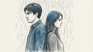 一男一女背對背站在雨中，看起來悲傷