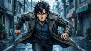 一個堅定的動漫男人穿著風衣在雨中的城市小巷奔跑。