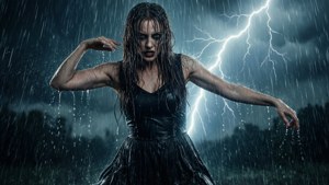 一位身穿黑色連衣裙的女性站在暴風雨中，身後有閃電。