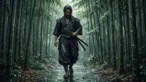 一位武士戰士在雨中穿過竹林，手持劍。