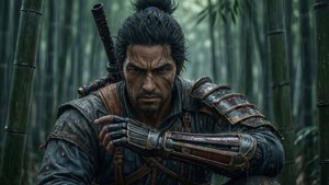 雨淋竹林中的武士戰士，身穿盔甲，手持武士刀。