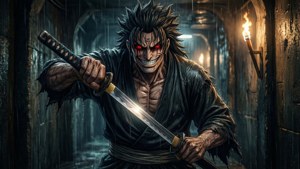 帶有發光紅眼的武士戰士在雨中的石頭走廊中握著武士刀。