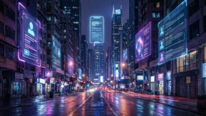 未來城市街道夜景，發光的全息廣告和濕漉漉的人行道反射霓虹燈光。
