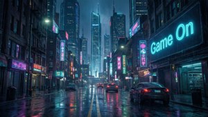 霓虹燈城市街道夜景，帶有雨水反射和發光招牌。