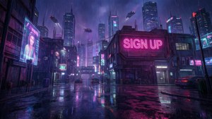 未來城市夜晚的街道，霓虹招牌與飛車在雨中閃爍。