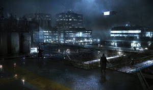剪影人物在夜間城市天台上冒雨行走，背景是發光的建築物。