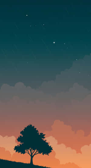 一棵孤樹的剪影在山丘上，背景是星空夜空，帶有雨和雲層。