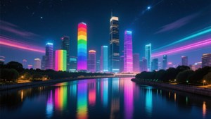 彩虹色摩天大樓在星空下的河流中倒映。