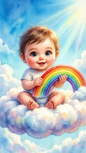 嬰兒手持彩虹坐在雲朵上，明亮的藍天和陽光射線