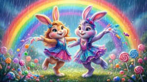 兩隻卡通兔仔穿著芭蕾舞裙在彩虹下的雨中跳舞，糖果四處飛舞。