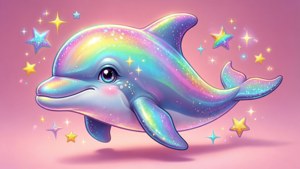 一條色彩繽紛的海豚，帶有閃光和星星，漂浮在粉紅色的天空中