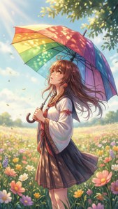 一個女孩在明亮的陽光下，在色彩繽紛的花田中手持彩虹傘。