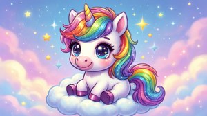 一隻微笑的卡通獨角獸，擁有彩虹鬃毛，坐在星空粉彩天空中的雲朵上。