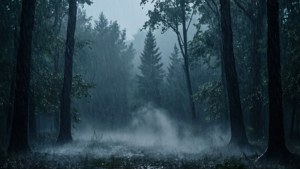 黑暗森林中的高大樹木在大雨中，潮濕地面升起霧氣。