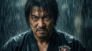 濕髮眼神銳利的男人在傾盆大雨中穿著帶東京卍會徽章的黑色外套