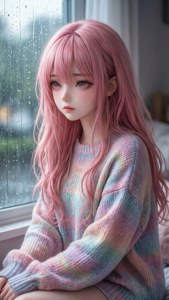 粉紅色頭髮嘅年輕女性，著住彩虹毛衣坐喺落雨嘅窗邊