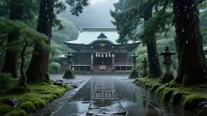 一座傳統的日本神社，周圍環繞著長滿青苔的樹木和石燈籠，細雨飄落。