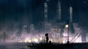 夜晚雨中城市碼頭上撐傘的人的剪影