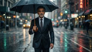 男人穿西裝撐黑傘在雨中城市街道行走，霓虹燈光反射在濕人行道
