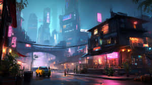 夜晚霓虹燈照亮的賽博朋克城市街道，有雨和一輛黃色出租車停在潮濕的路面上。