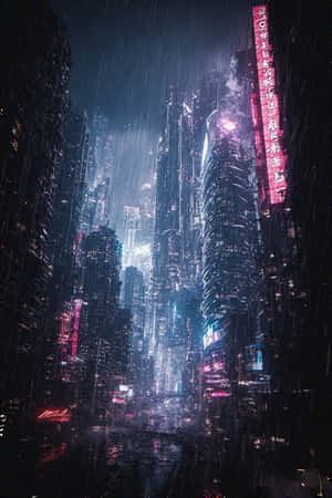 未來城市的雨夜，閃爍的霓虹燈招牌和高聳的摩天大樓。