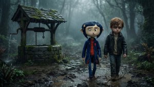 兩個小孩在雨中穿過森林，靠近一個石井。