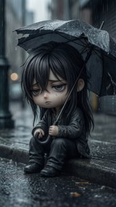 悲傷的Q版動漫女孩坐在濕人行道上，在雨中拿著破傘