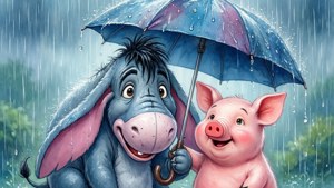 一隻豬和一隻驢子在綠色森林中，在濕透的雨傘下微笑。